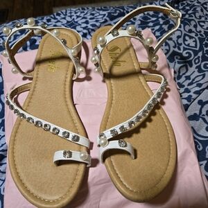 SHEIN White Sandals with Pearl and Rhinestone Details